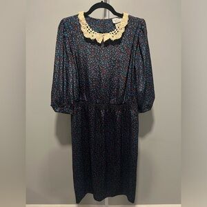 Stuart Alan Petites Vintage 80s Black Red Purple Floral Collar Dress Size 12